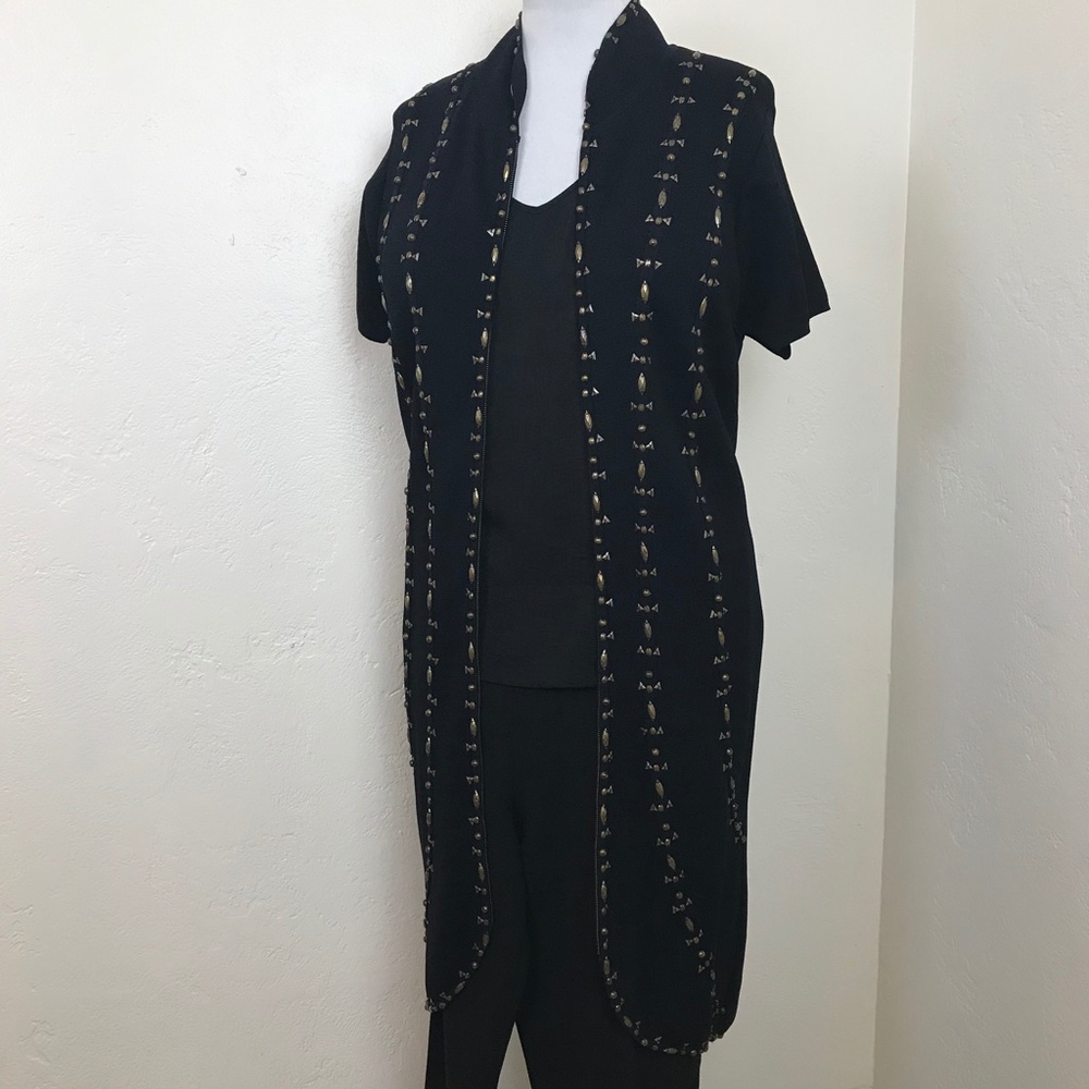 Vintage Adrienne Vittadini Long Duster Jacket Black Knit Brass Studs And Trim